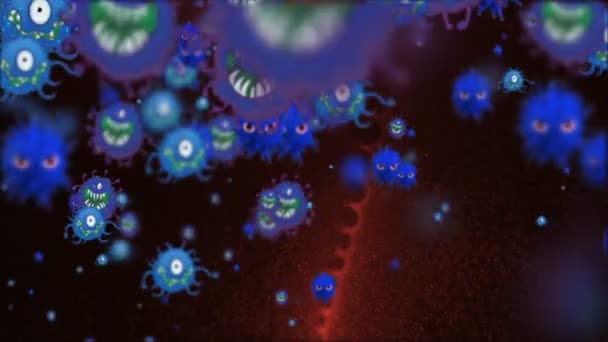 Illustration médicale 2d, fond d'animation 3d de cellules, virus bactériens dans le monde. Virus du risque humain. Coronavirus. Vue microscopique. Modèles de cellules macro flottant .