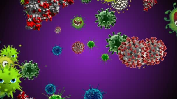 医療イラスト2次元 細胞の3Dアニメーション背景 世界の細菌ウイルス 人間の危険性ウイルス コロナウイルス 顕微鏡画像 マクロ細胞モデルが浮かんでいます コロナウイルスEvli Emojidex 絵文字デックス — ストック動画