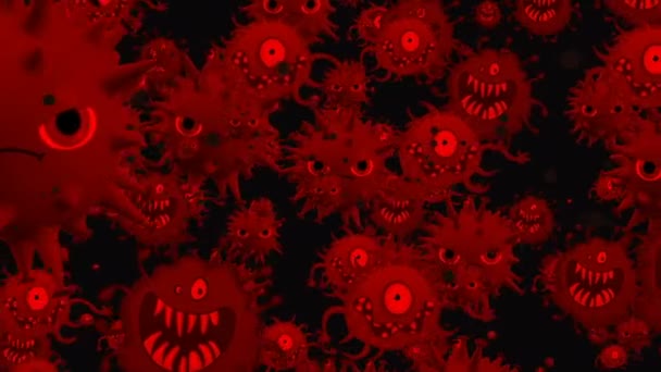 Illustration médicale 2d, fond d'animation 3d de cellules, virus bactériens dans le monde. Virus du risque humain. Coronavirus. Vue microscopique. Macro modèles de cellules flottantes. Coronavirus evli sourit émoji personnages bactériums animation fond .