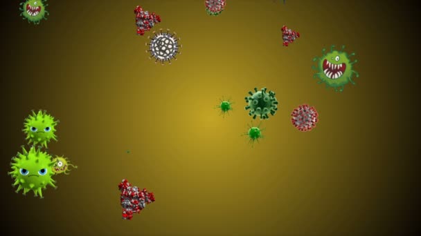 医学插图2D 3D动画背景的细胞 细菌病毒在世界上 人类危险病毒 Coronavirus 微观的观点 巨细胞模型漂浮 Coronavirus Evli笑着表情符号细菌动画背景 — 图库视频影像