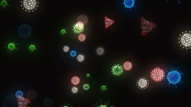 Coronavirus Covid 19疫苗 Coronavirus疫苗背景录像 消毒泡沫凝胶 在人的机体中漂浮着19种疫苗药丸的细胞 黑色背景上的考拉韦氏细胞 — 图库视频影像