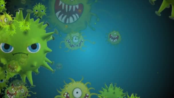 Illustration médicale 2d, fond d'animation 3d de cellules, virus bactériens dans le monde. Virus du risque humain. Coronavirus. Vue microscopique. Macro modèles de cellules flottantes. Coronavirus evli sourit émoji personnages bactériums animation fond .