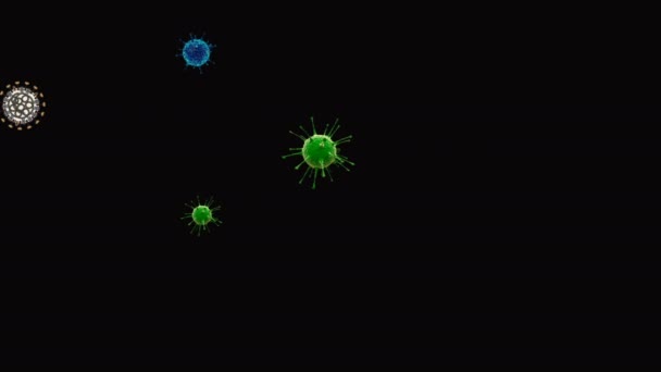 Coronavirus Covid 19疫苗 Coronavirus疫苗背景录像 消毒泡沫凝胶 在人的机体中漂浮着19种疫苗药丸的细胞 黑色背景上的考拉韦氏细胞 — 图库视频影像