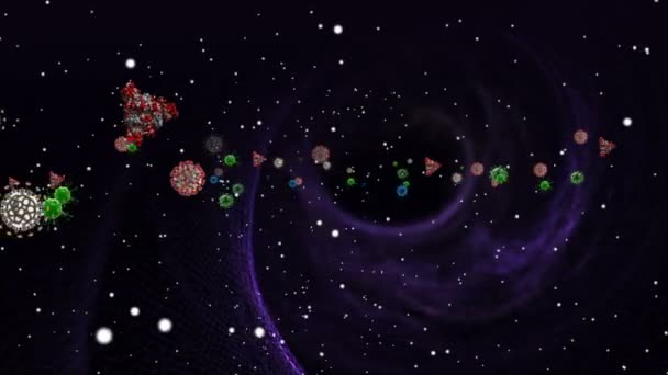 Medizinische Illustration 2d, 3D Animation Hintergrund von Zellen, Bakterien Viren in der Welt. Virus des menschlichen Risikos. Coronavirus. Mikroskopischer Blick. Makrozellenmodelle schwimmend.