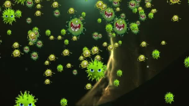 医学插图2D 3D动画背景的细胞 细菌病毒在世界上 人类危险病毒 Coronavirus 微观的观点 宏观细胞模型漂浮 — 图库视频影像