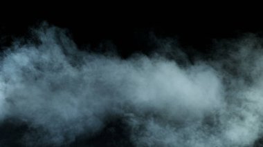 Siyah arka planda Real Smoke 'un fotoğrafı. Farklı projeler için gerçekçi bir örtüşme. Bulutlar sis, sis, sis, buhar.