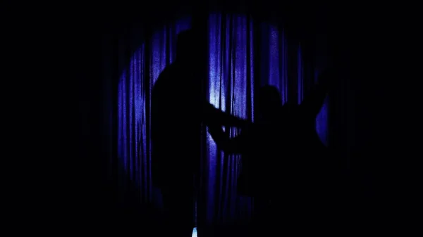 Staging Battle Two Guys Comedy Comedian Boxing Curtain Silhouettes Two — Stock Photo, Image