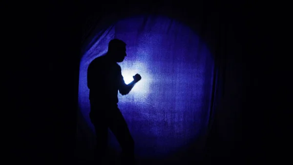 Staging of the battle of two guys, comedy, comedian boxing behind the curtain. Silhouettes of two comic fighting guys. A parody of the battle. It is convenient to use both maniac documentary stories.