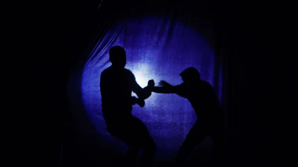 Staging Battle Two Guys Comedy Comedian Boxing Curtain Silhouettes Two — Stock Photo, Image