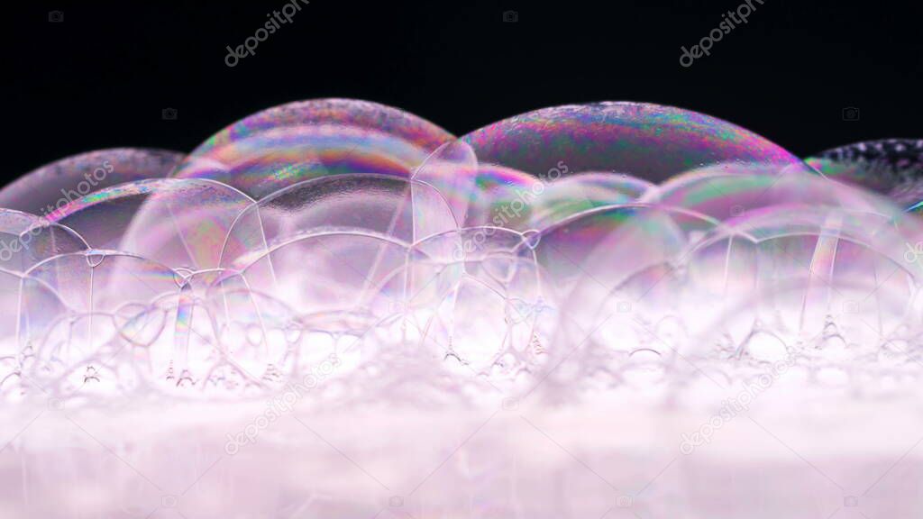 Soap Bubbles Macro shoot. Clean soft elegant bright photo background. Close-up Soap bubbles colors. Washing disinfection. Froth Backdrop. Shoot on Red Dragon camera.