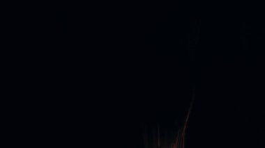 Şenlik ateşi kıvılcımlarının Macro fotoğrafı. Alevler patlar, patlamalar. Patlama mikro parlaklığı. Mini Havai fişekler. Kırmızı kamerada çekim hala siyah arkaplanda. Güzel sızıntılar kıvılcım posteri, afiş, duvar kağıdı, arkaplan, doku.