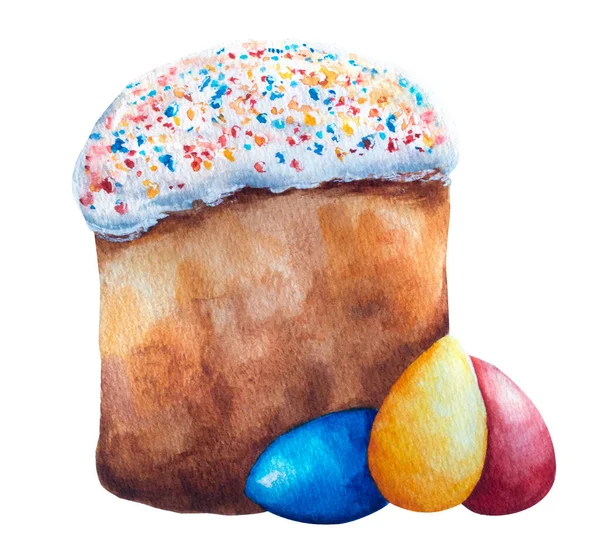 Watercolor Illustration Easter Cake Three Eggs Different Colors Hand Drawn — Stock Photo, Image