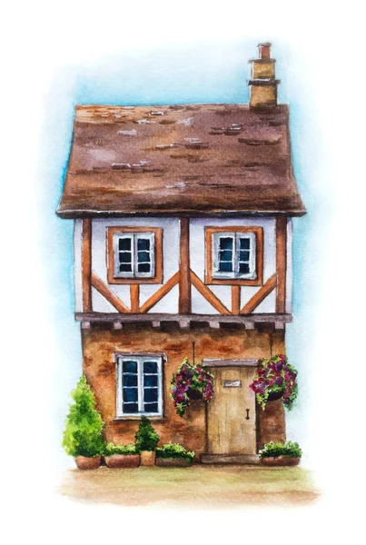 Ilustração Aquarela Tradicional Casa Inglesa Isolada Sobre Fundo Branco Casa — Fotografia de Stock