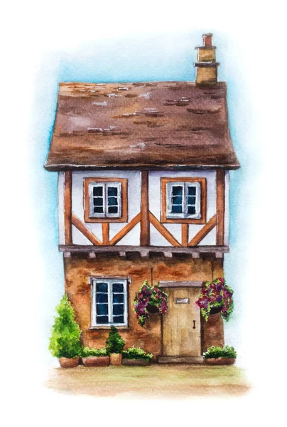 Watercolor illustration of traditional English house isolated on white background. Hand drawn cute village house with hanging flowers, plants and sky.