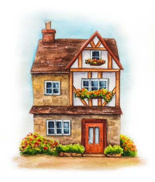 Hand Drawn Illustration Traditional English Village Three Storeyed House Isolated — Stock Photo, Image