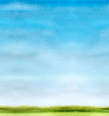 Gökyüzü, bulutlar ve çimlerle kusursuz bir suluboya arka plan. Çizim veya kolaj için renklendirilmiş taban  