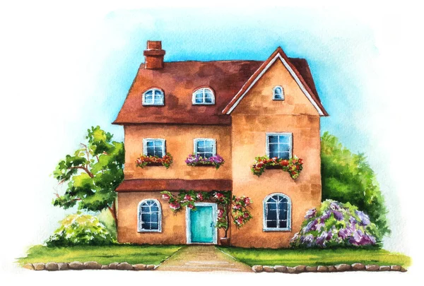 Traditional English House Green Lawn Isolated White Background Watercolor Hand — Stock Photo, Image