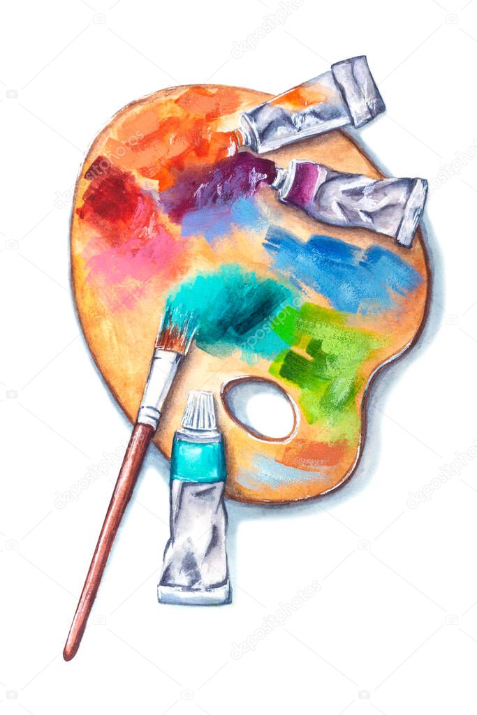 Watercolor set of art supplies, wooden palette with tubes of paints and a brush isolated on white background. Realistic hand drawn illustration of home activity, art tools at work