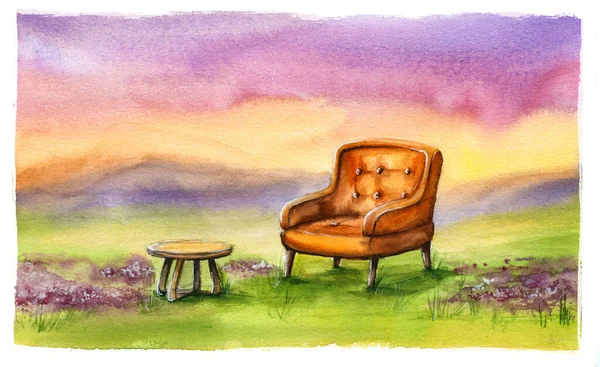 花畑の真ん中にオレンジのアームチェアで水彩画を手描き 日没や日の出で家具とファンタジーの風景 家にいてリラックスしたコンセプト — ストック写真