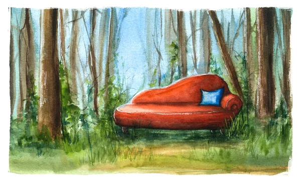 Illustration Aquarelle Avec Canapé Rouge Milieu Une Forêt Fantaisie Paysage — Photo