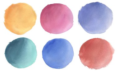 Suluboya elementlerinin renkli vektör koleksiyonu. Beyaz arka planda izole edilmiş elle çizilmiş daireler. Kartpostallar, selamlar, web siteleri, Instagram vurguları için ideal