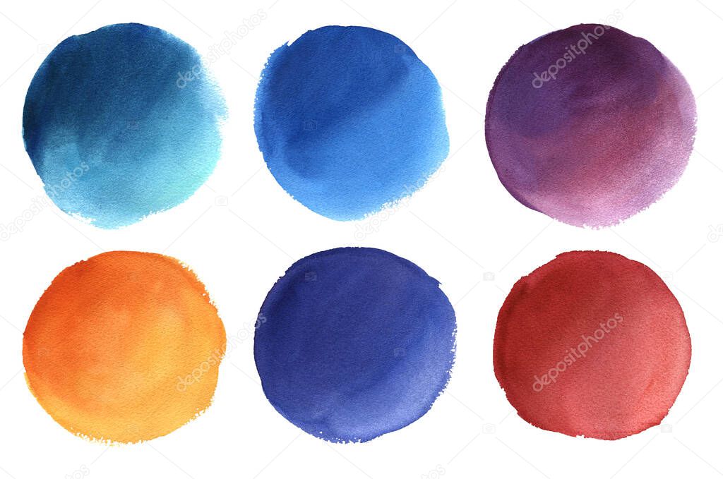 Set of colorful vector round watercolor elements. Hand drawn texturized circles isolated on white background. Ideal for postcards, greetings, websites, Instagram highlights