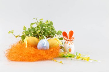 Ninho Laranja com ovos laranja e azul com planta decativa e ovo em forma de coelho da pascoa