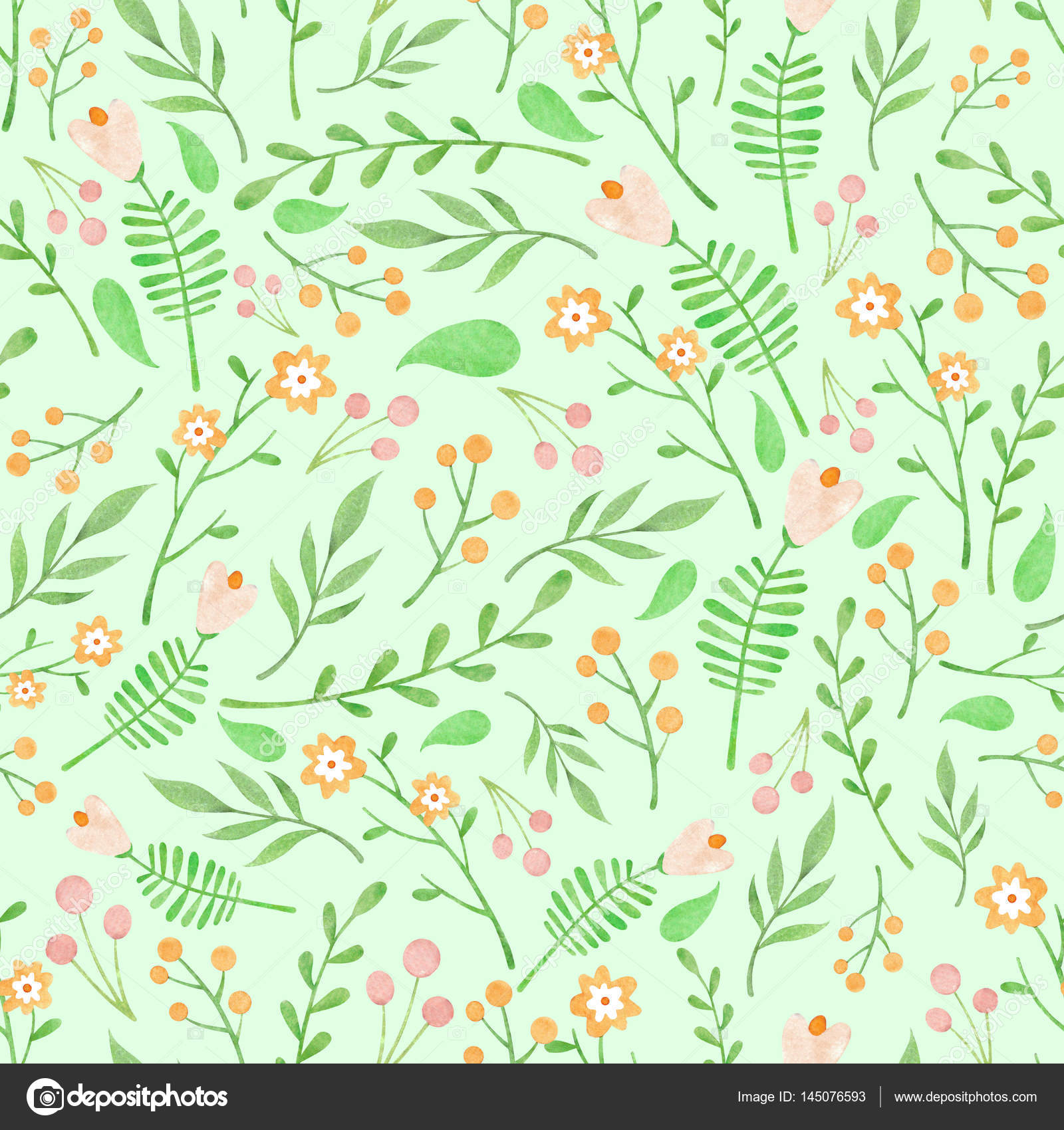 Watercolor floral pattern with flowers on light green ...