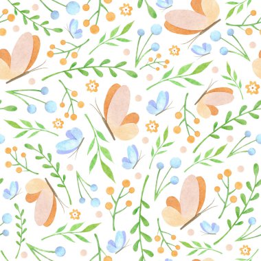 Suluboya çiçek desenli beyaz arka plan üzerinde kelebekler ile