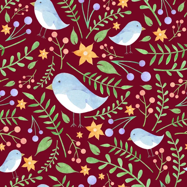 Watercolor floral pattern with birdies on reddish background