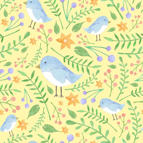Akvarell blommönster med birdies på gul bakgrund — Stockfoto