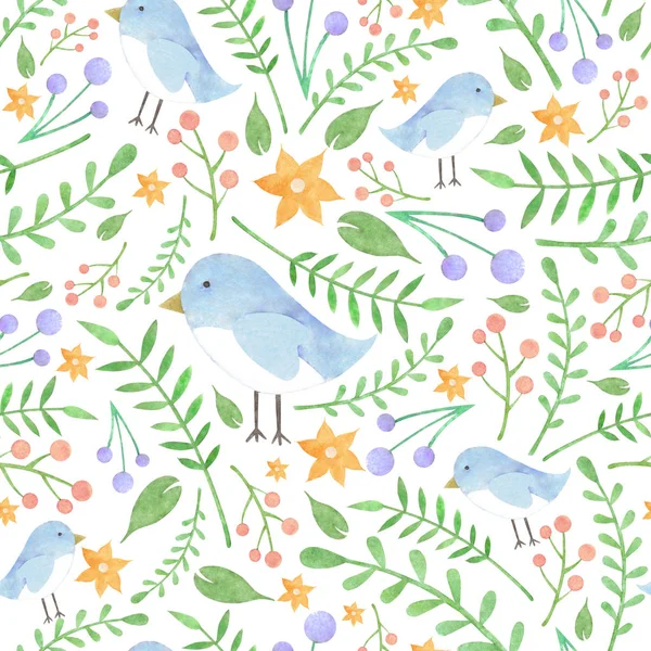 Aquarel bloemmotief met birdies op witte achtergrond — Stockfoto