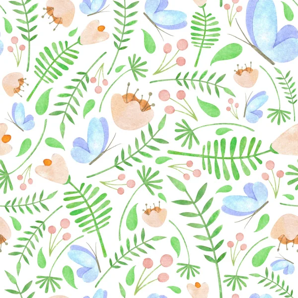 Watercolor floral pattern with blue butterflies on white background