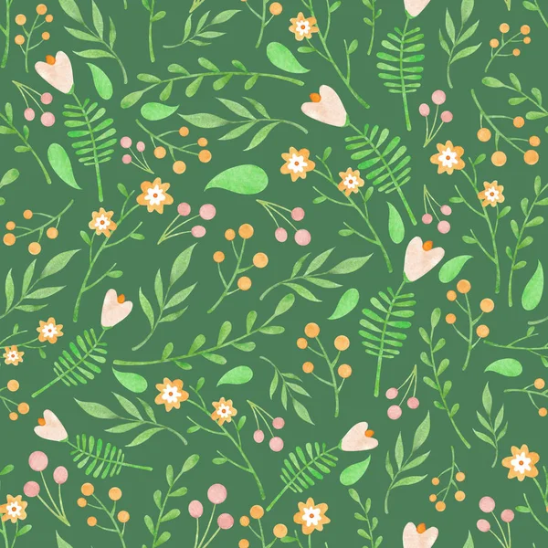Aquarel bloemmotief met bloemen op groene achtergrond — Stockfoto