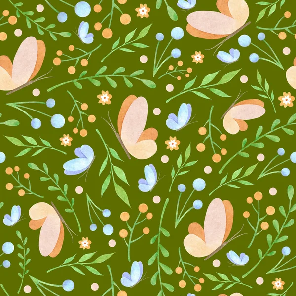 Aquarel bloemen patroon op de diep groene achtergrond — Stockfoto