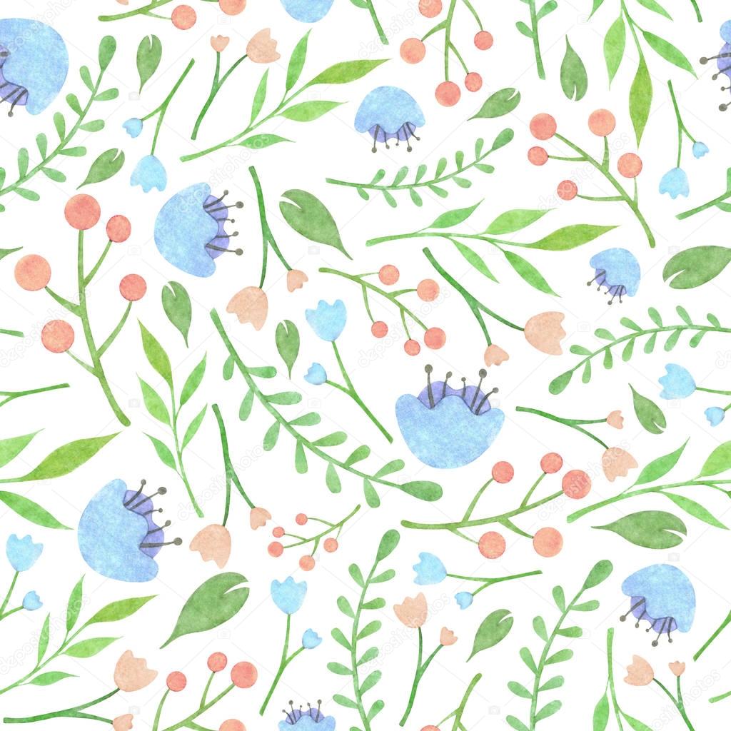Watercolor floral pattern with blue flowers on white background