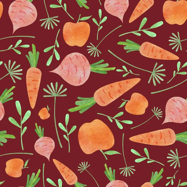 Watercolor vegetable pattern on reddish brown background