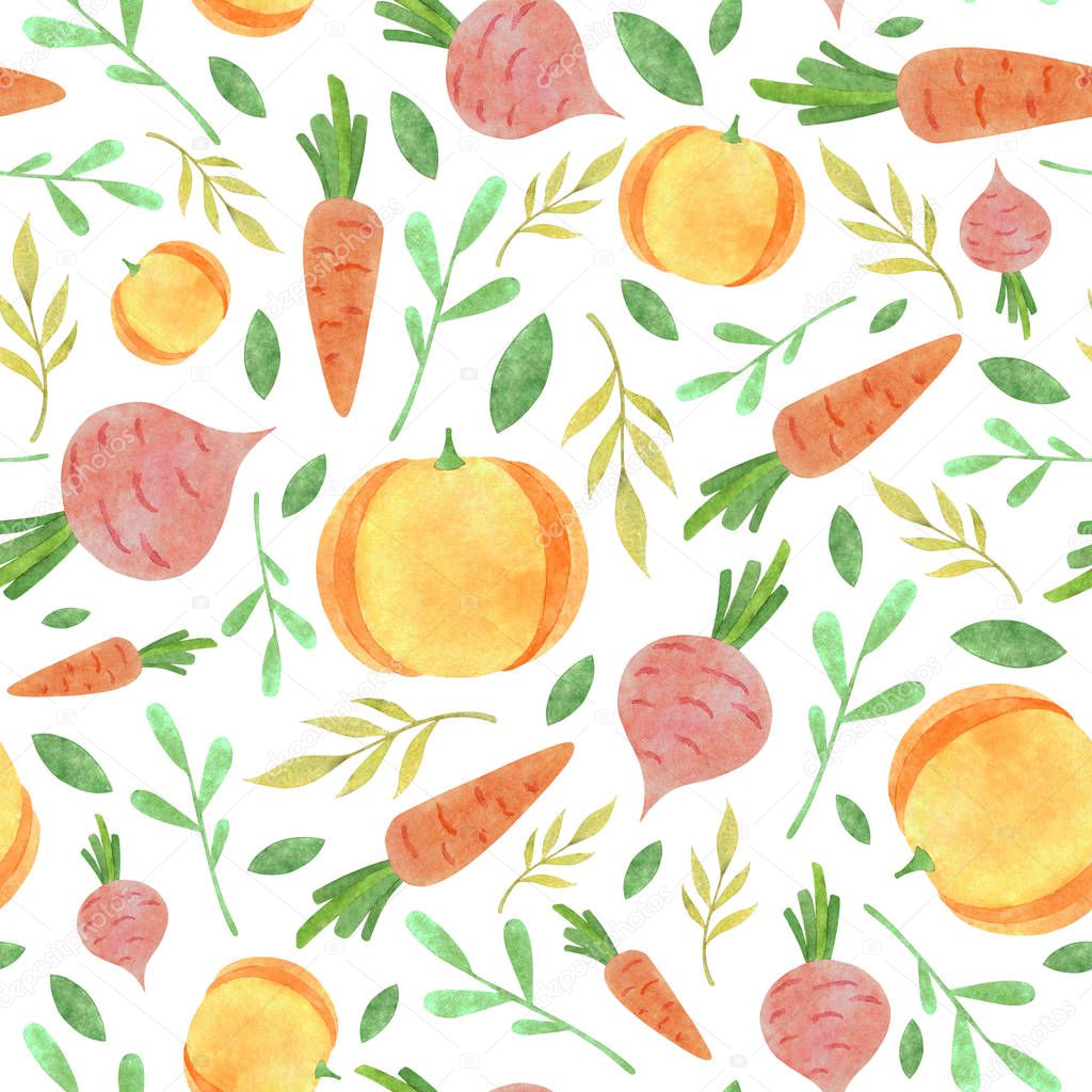 Watercolor vegetable pattern on white background