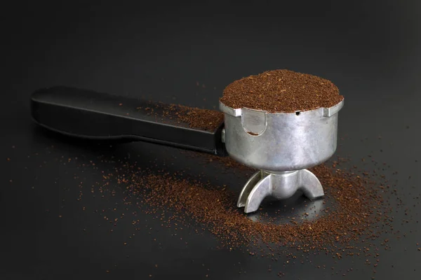 Espresso filter holder for coffee machine  on Black background with copy space — Stock Photo, Image