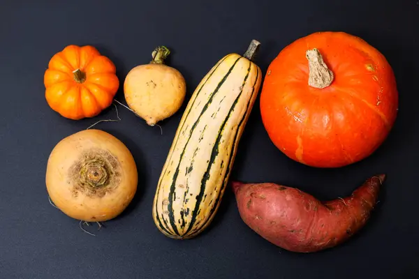 Organik sonbahar gıda kavramı ürün yelpazesine sebze balkabağı, tatlı patates, Delicata Squash, şalgam siyah zemin üzerine sarı — Stok fotoğraf
