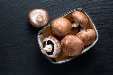 Helathy gıda konsepti organik Cremini kahverengi mantarlar siyah tahta üzerinde fotokopi alanı ile geri gruplandırılmış