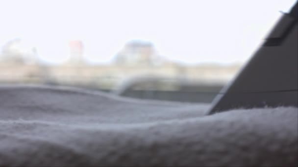 Irons white white fluffy blanket. big Close-up — Stock Footage Irons white white fluffy blanket. big Close-up Stock Footage