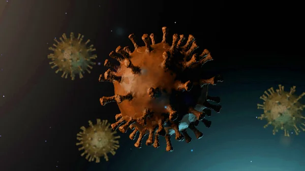 3d rendering. The virus moves quickly. 2019 Coronavirus-nCov concept Blue tinted glass. Microscope virus close up.