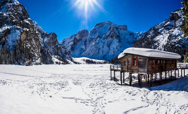Beautiful Panorama Lake Braies Dolomites — Stock Photo, Image