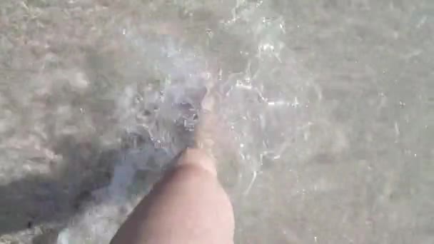 夏の日に太陽が降り注ぐビーチで裸足で歩く女性 — ストック動画