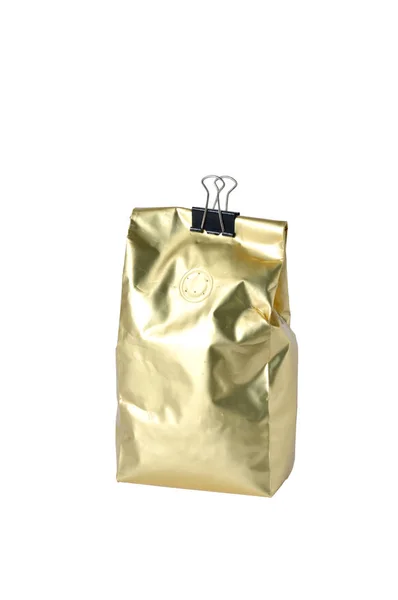 Guldfolie Kaffe Bean Bag Isolerad Vit Bakgrund — Stockfoto
