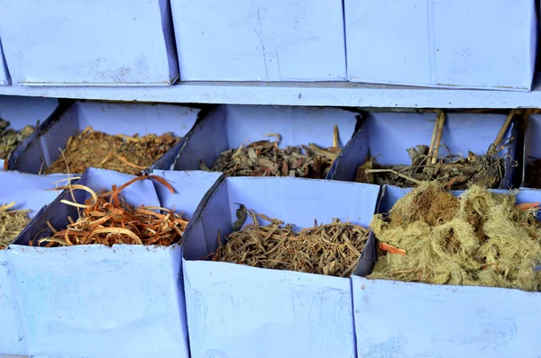 Plantas Medicinais Secas Loja Caixas — Fotografia de Stock