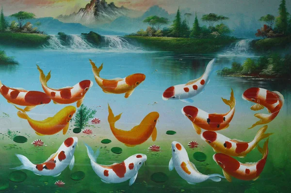 golden fish or koi painting on the wall