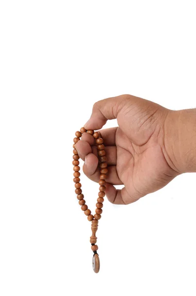 Muslim Male Hands Holding Rosary White Background — Stock Photo, Image