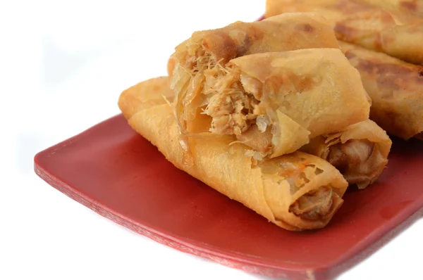 Lumpia Semarang Rolos Mola Contendo Brotos Bambu Frango Placa Vermelha — Fotografia de Stock